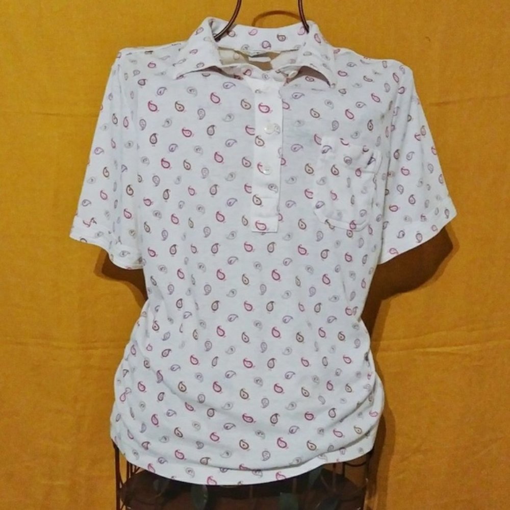 Vintage Sears White Paisley Print Polo Shirt